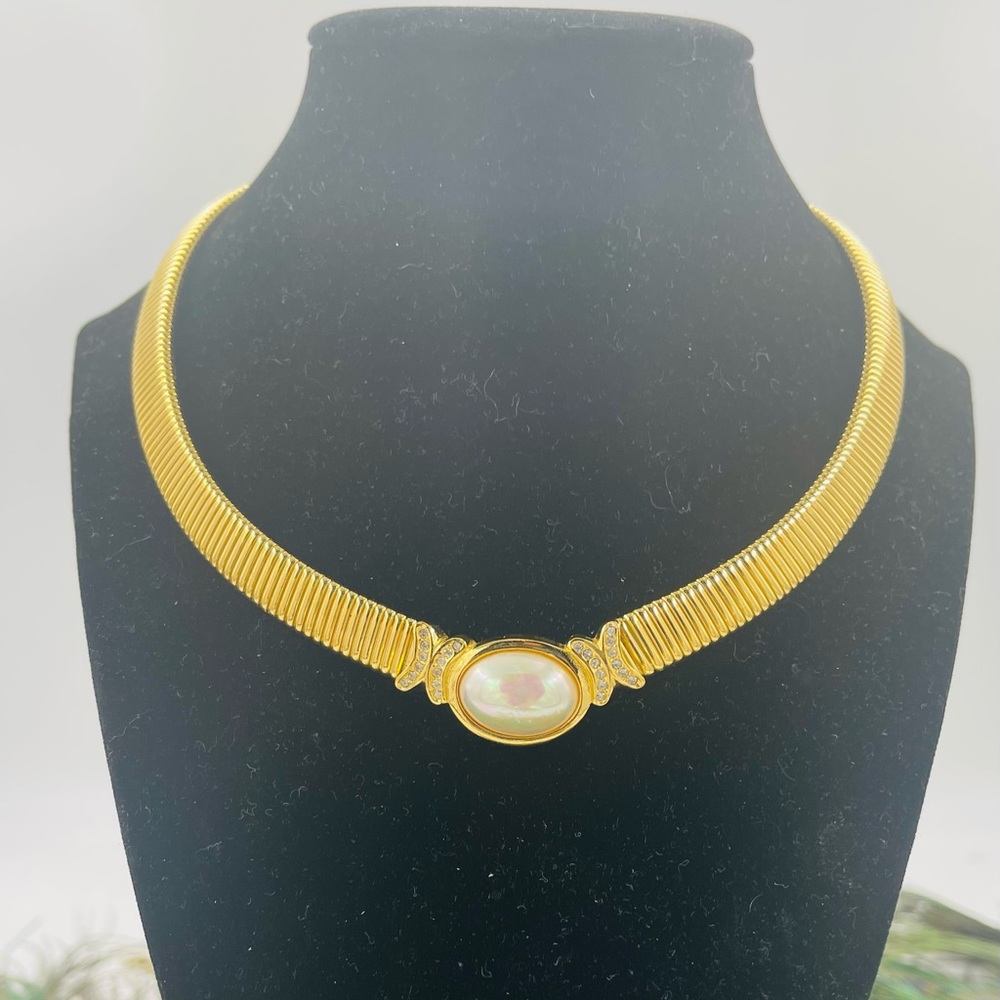 Vintage Christian Dior Yellow Gold Plated Crystal & Faux Pearl Collar Necklace.